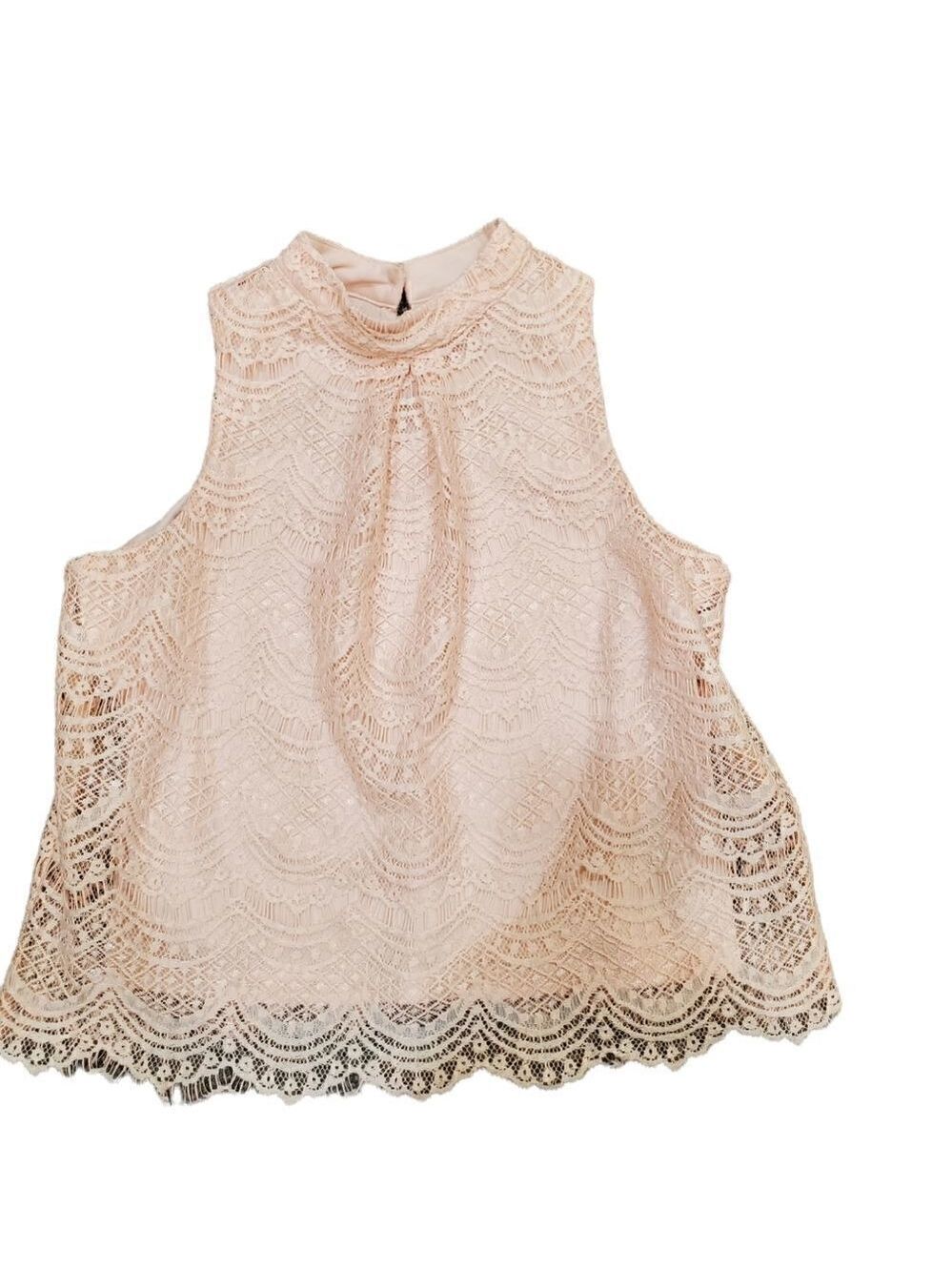 Coquette Blush Pink Lace Tank Top Small Romantic Mock Neck Scalloped Hem